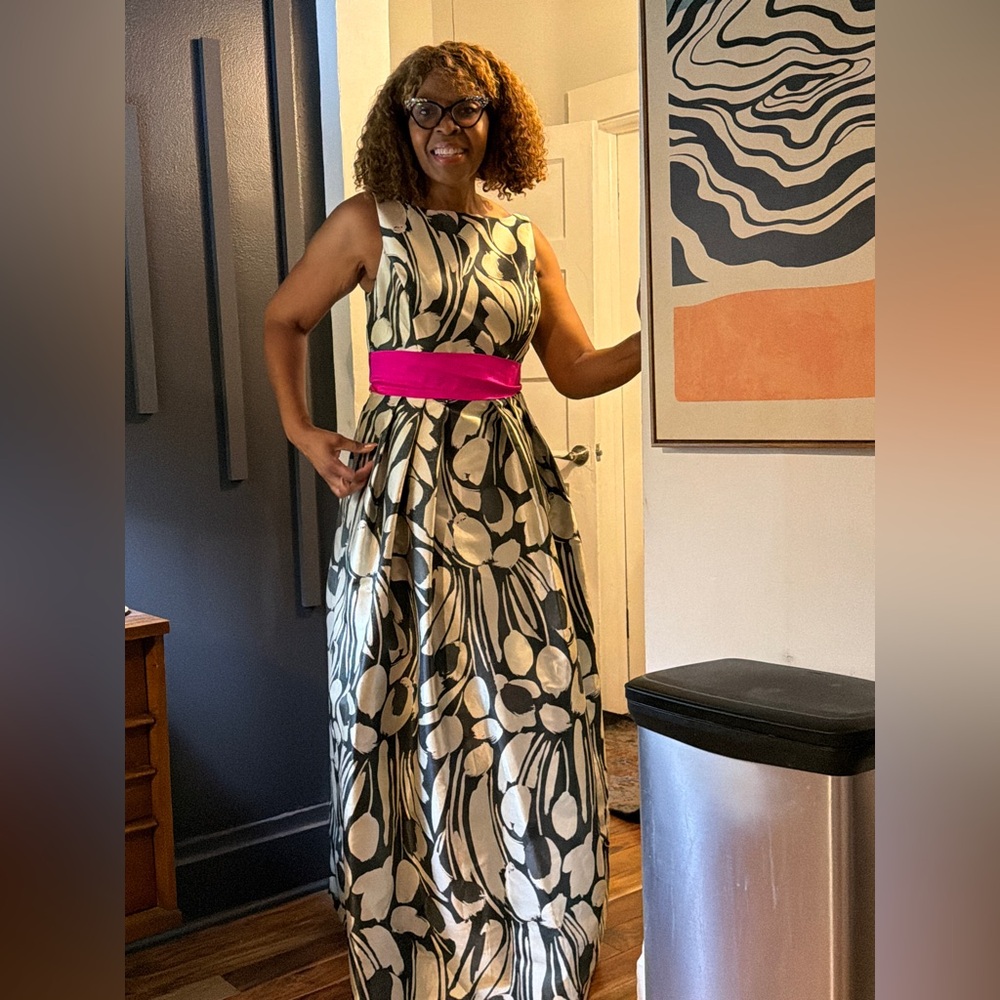 Eliza J Black and White Floral Maxi Dress with Pink Belt